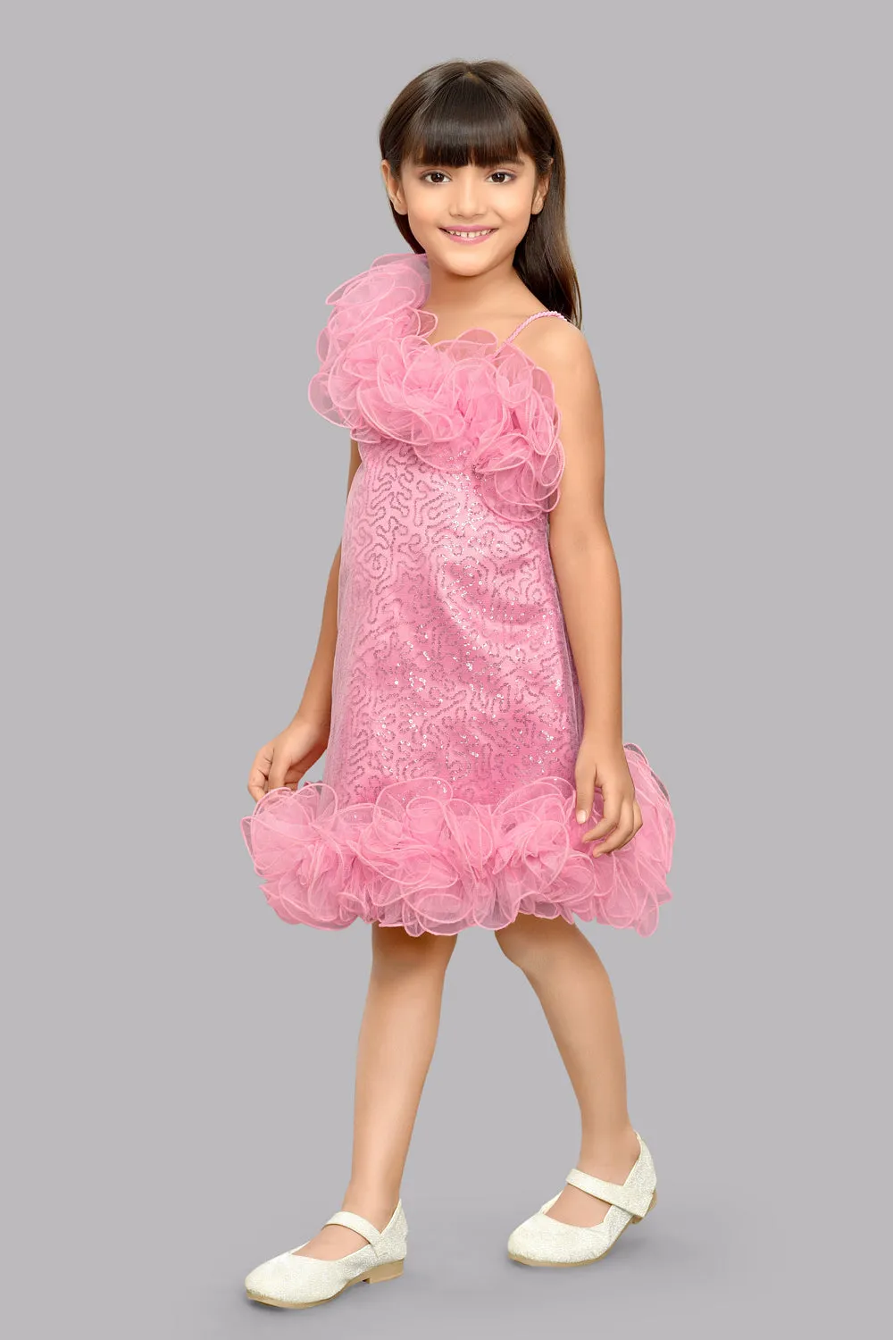 Sequined Aline Ruffled Dress -Rose Pink