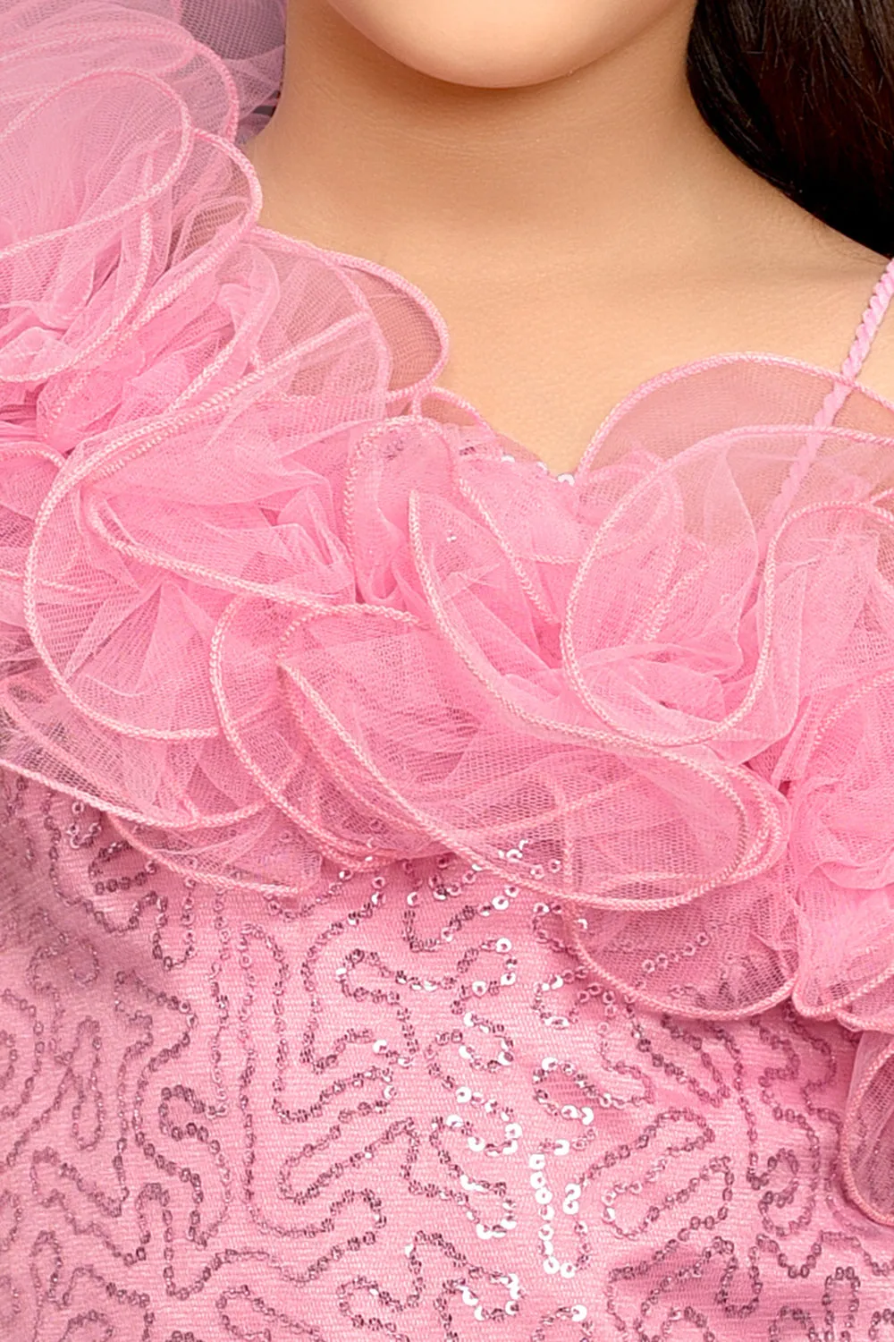 Sequined Aline Ruffled Dress -Rose Pink