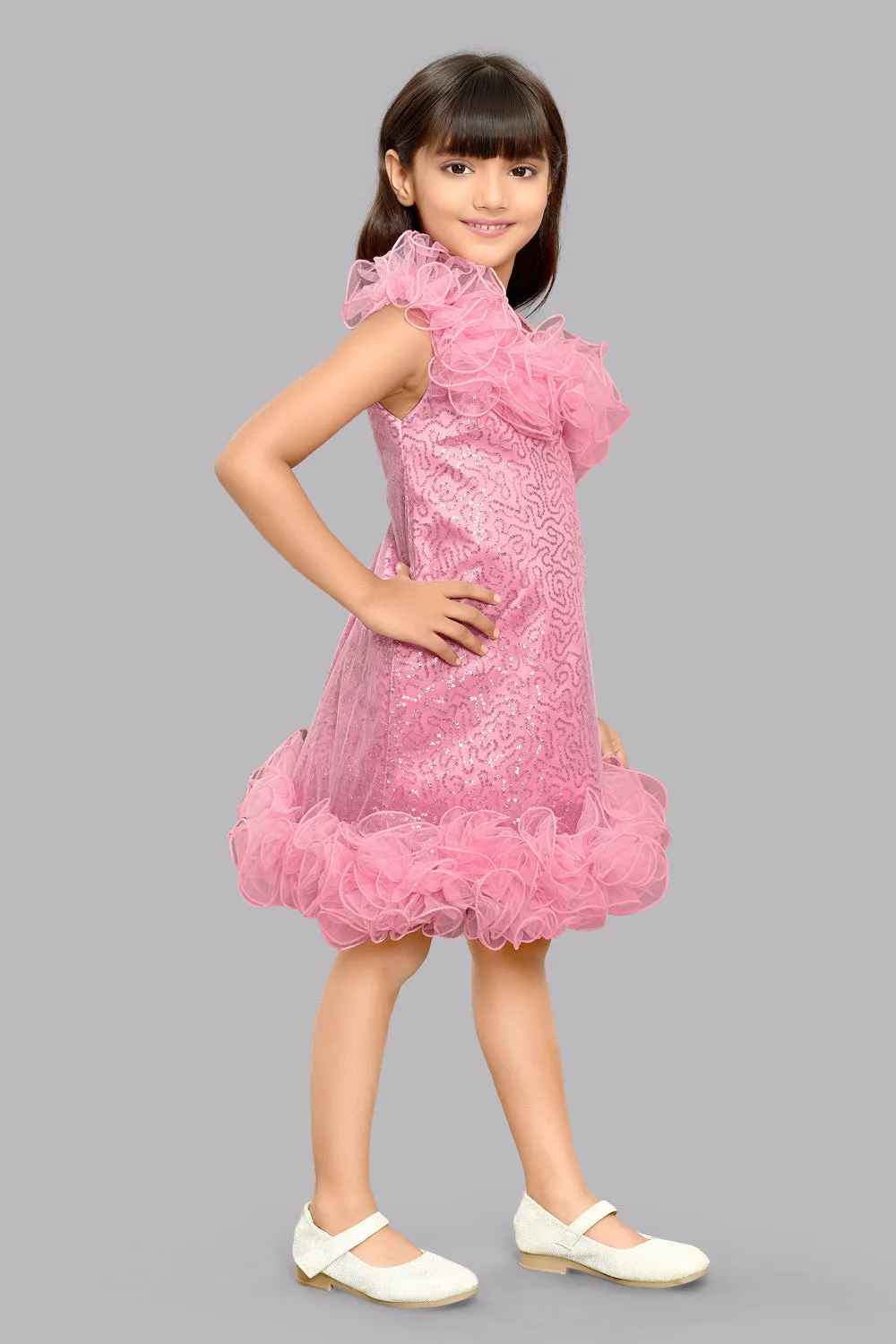 Sequined Aline Ruffled Dress -Rose Pink