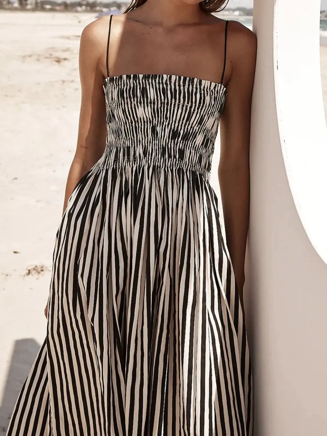 Square Neck Smocked Striped Cami Dress