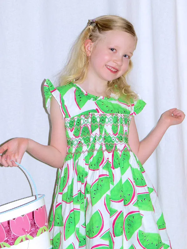 Summer Green Watermelon Girls Hand Smocked Dress
