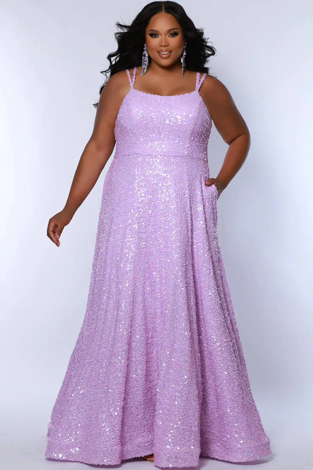 Sydneys Closet SC7365 Long Prom Dress Plus Size Sequin Scoop Neckline Pockets Formal Gown