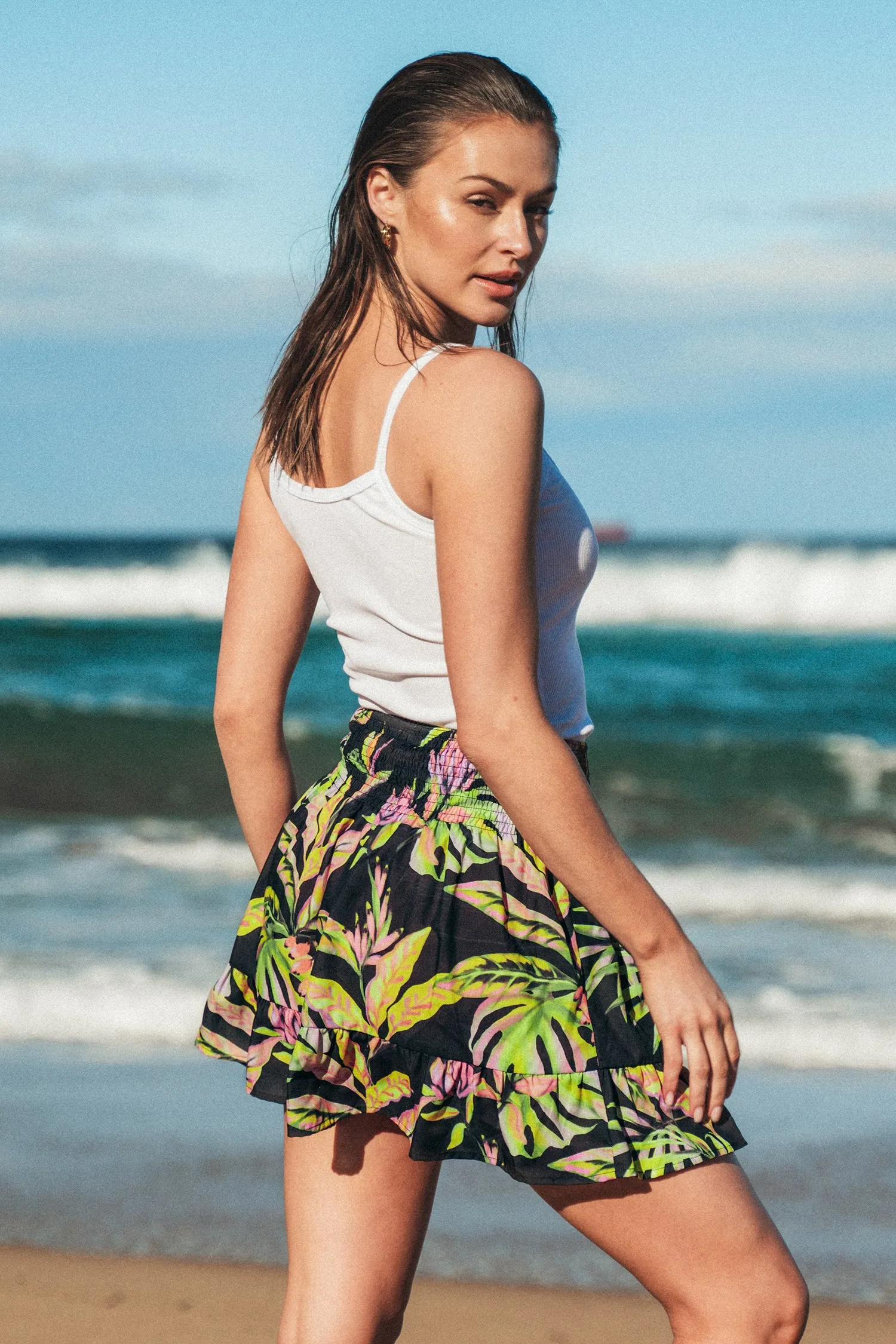 Tropical Leaf Print Smocked Skirt