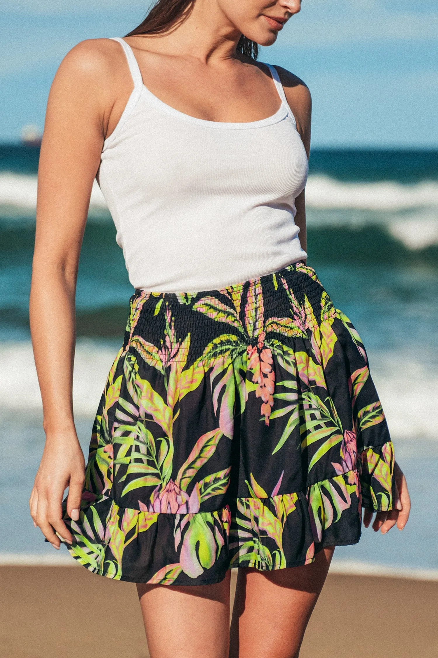 Tropical Leaf Print Smocked Skirt