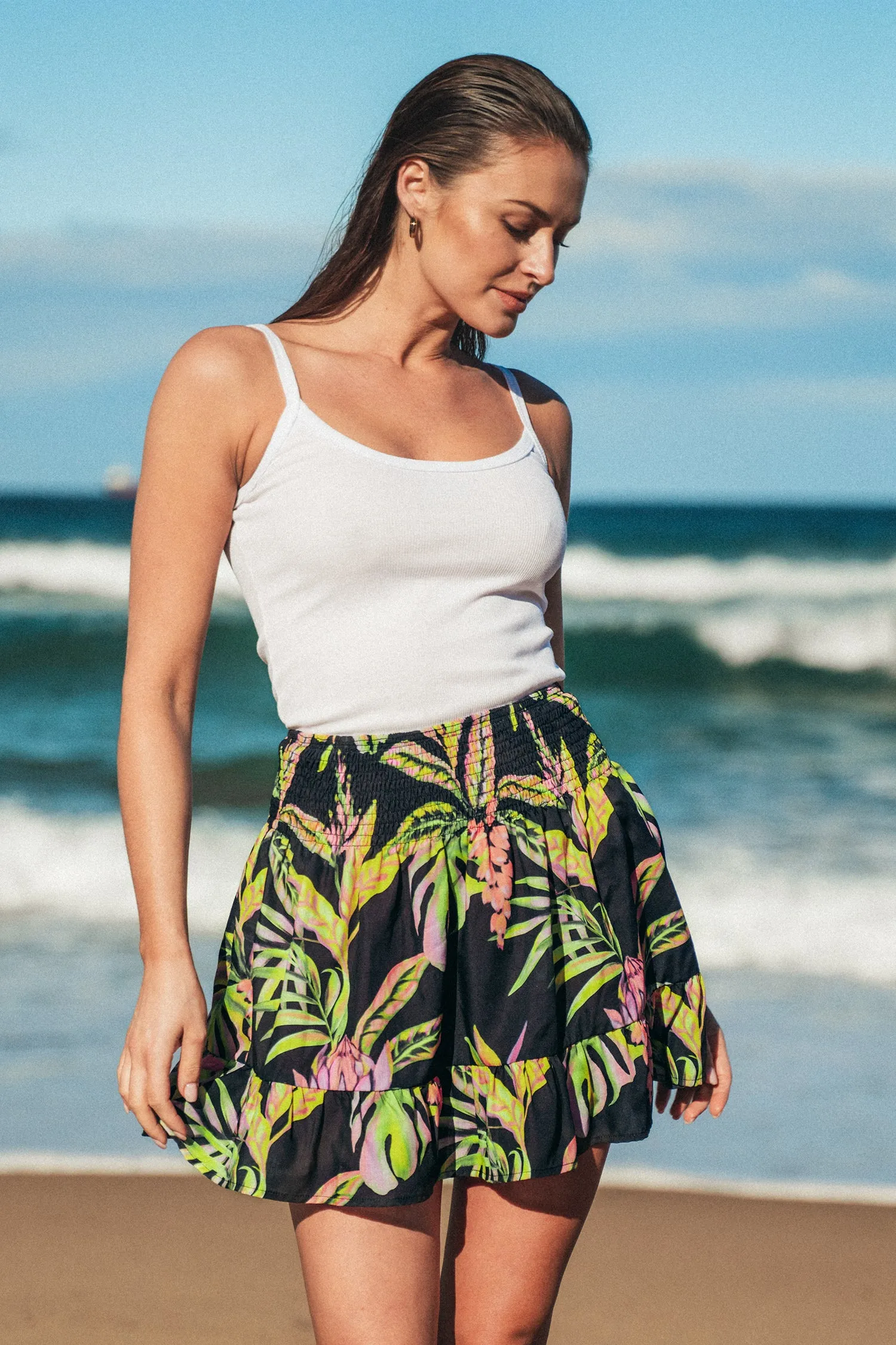 Tropical Leaf Print Smocked Skirt
