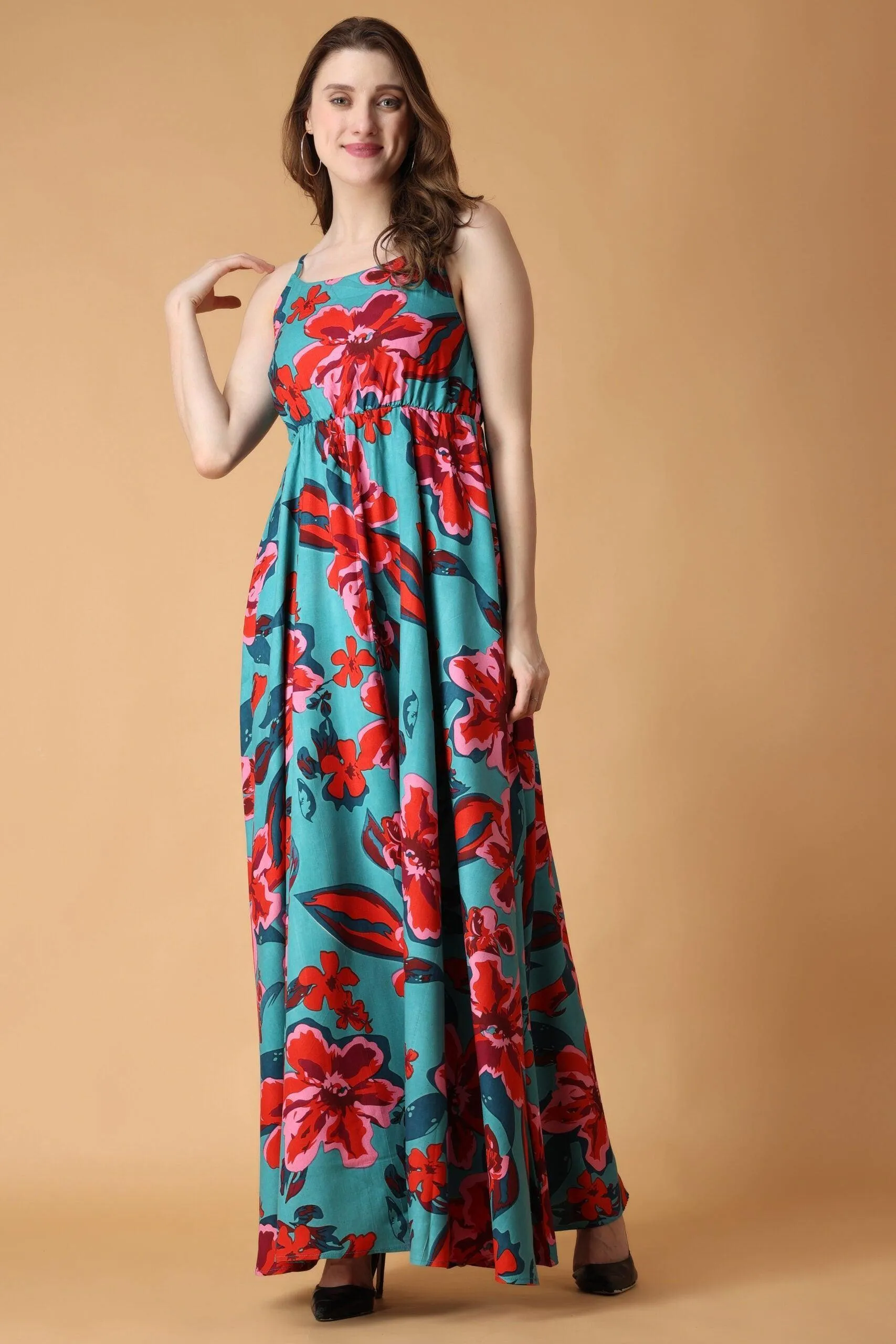Turquoise Green Floral Printed Dress