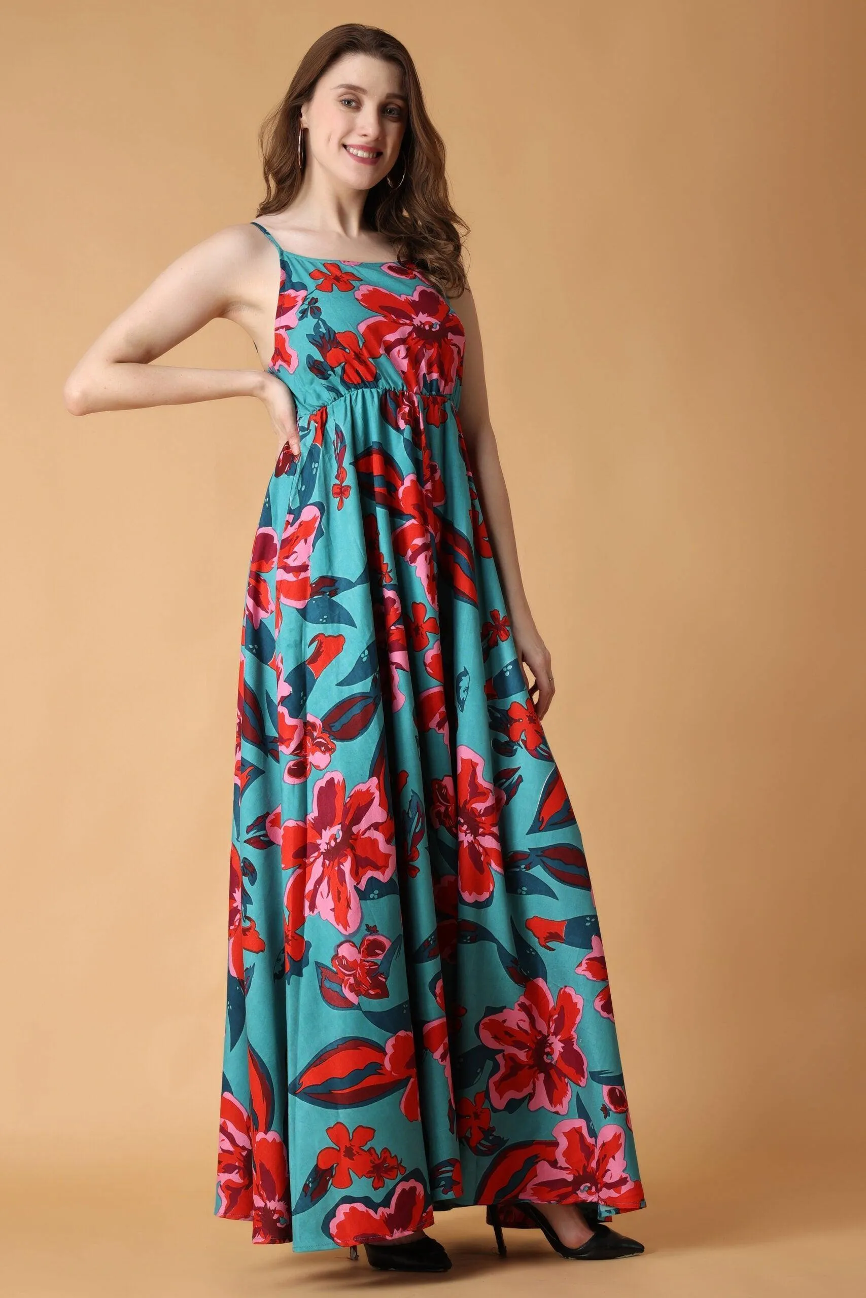 Turquoise Green Floral Printed Dress