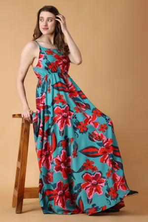 Turquoise Green Floral Printed Dress