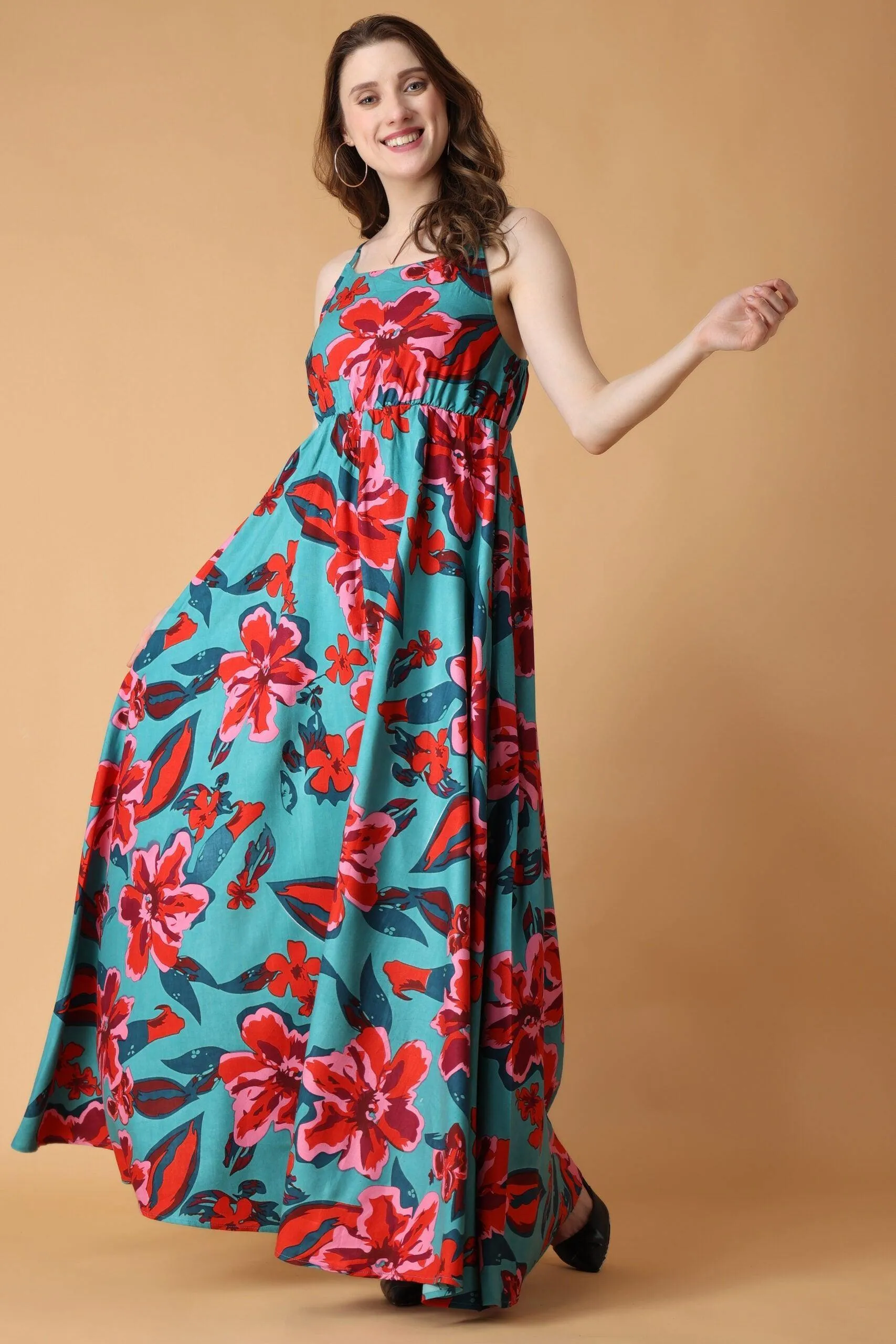 Turquoise Green Floral Printed Dress