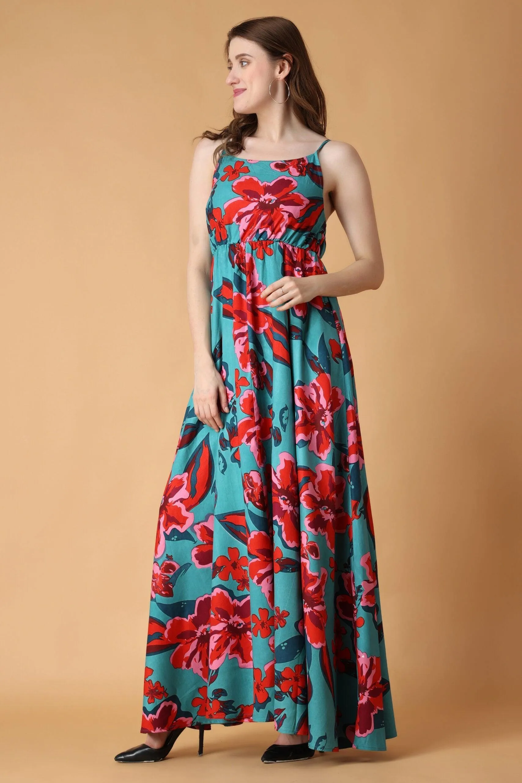 Turquoise Green Floral Printed Dress