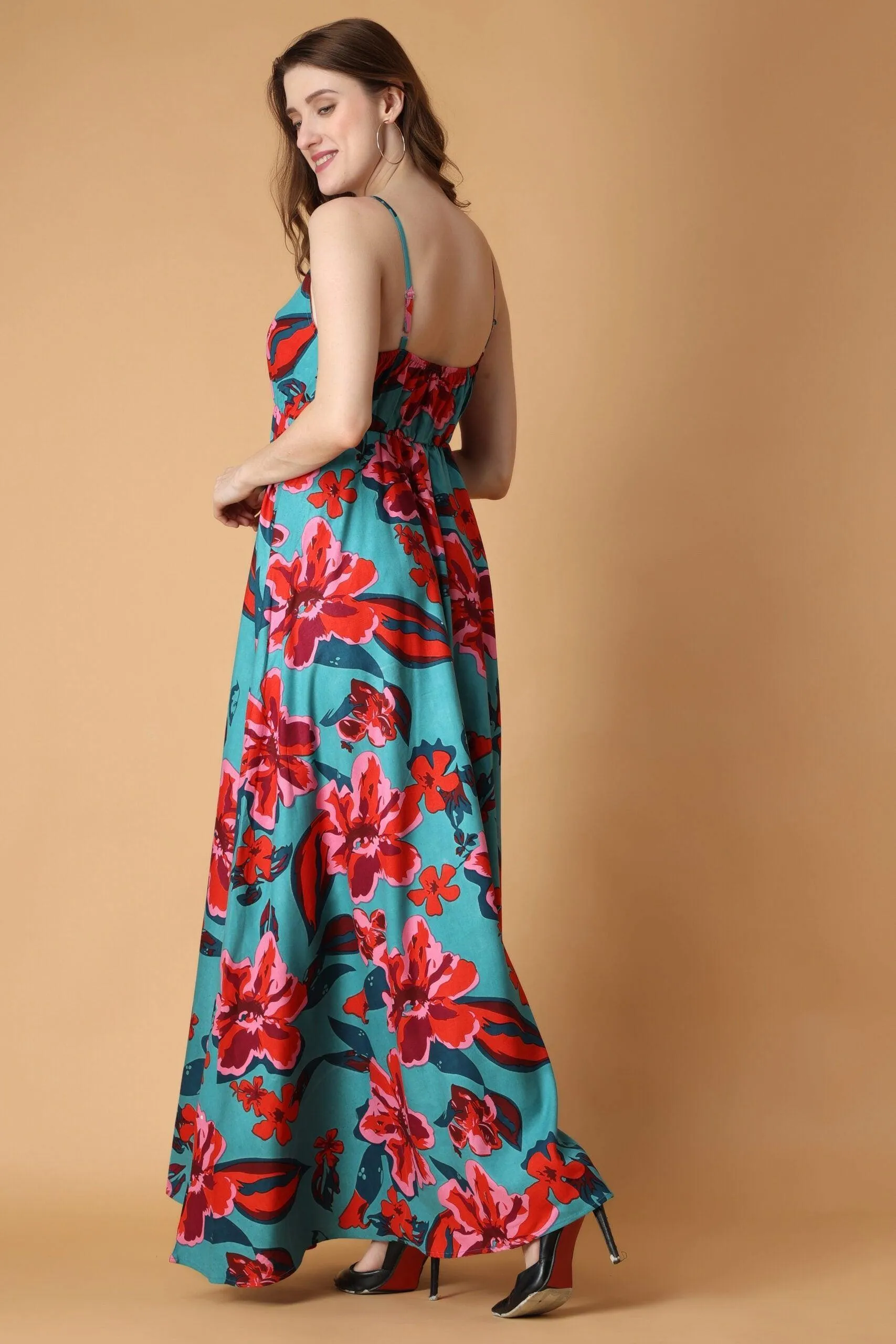 Turquoise Green Floral Printed Dress