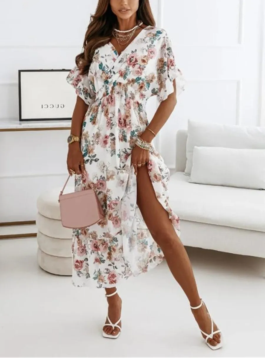 V-Neck Short Sleeves Floral Print Pleated Layered Casual Maxi Dress