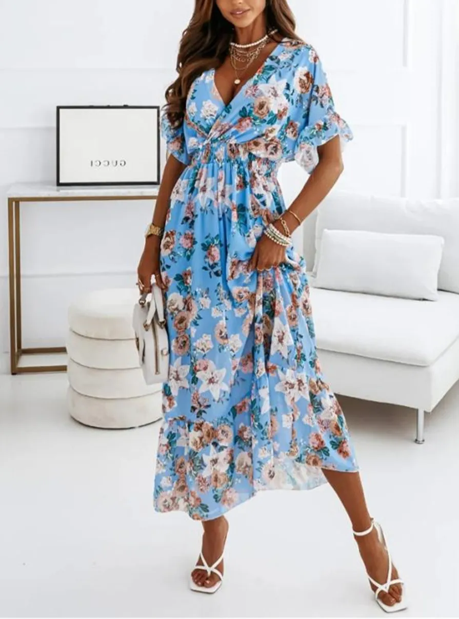 V-Neck Short Sleeves Floral Print Pleated Layered Casual Maxi Dress
