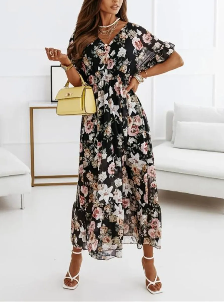 V-Neck Short Sleeves Floral Print Pleated Layered Casual Maxi Dress