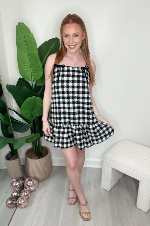 Velvet Bow Trim Tweed Mini Dress