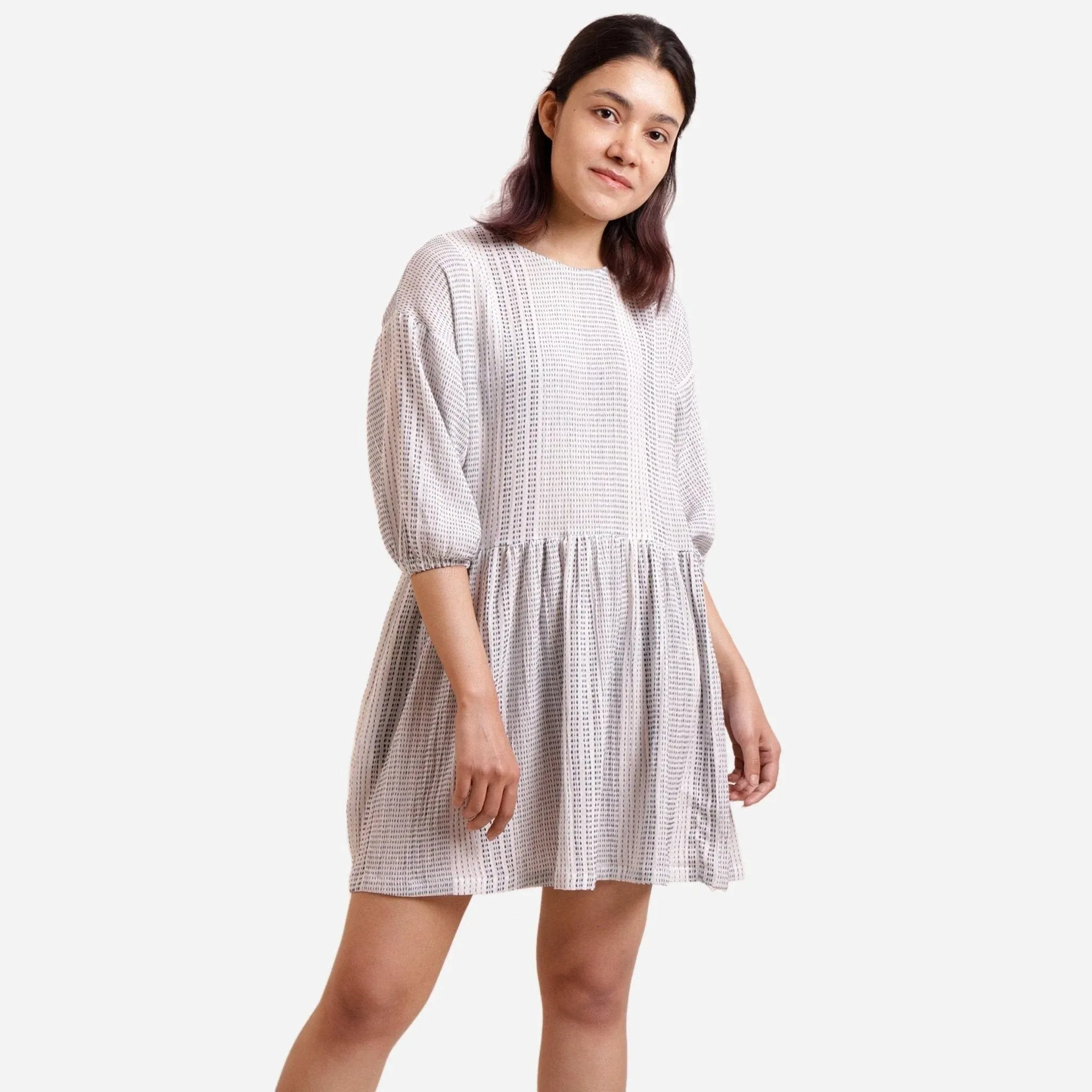 White Crinkled 100% Cotton Striped Gathered Short Dress