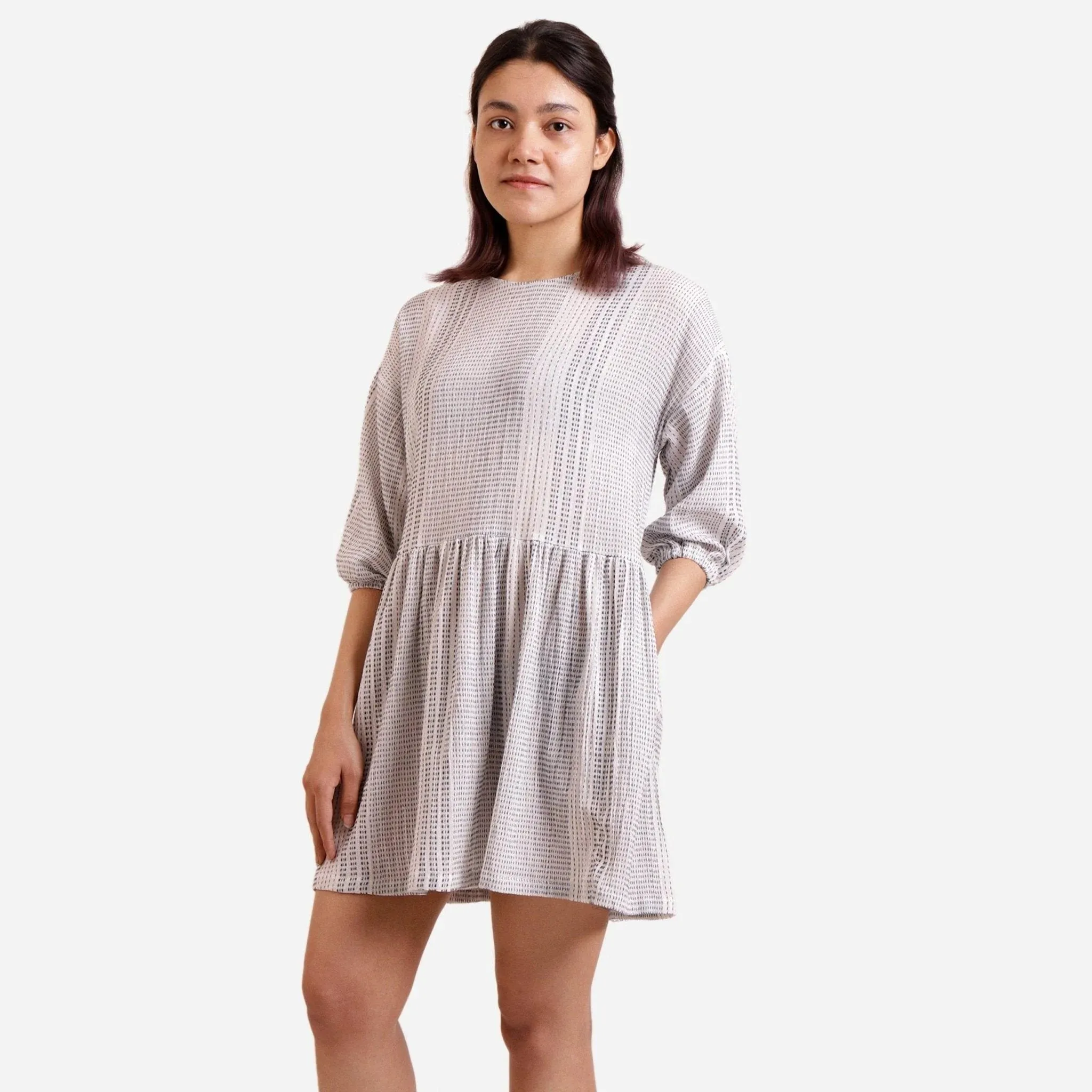 White Crinkled 100% Cotton Striped Gathered Short Dress