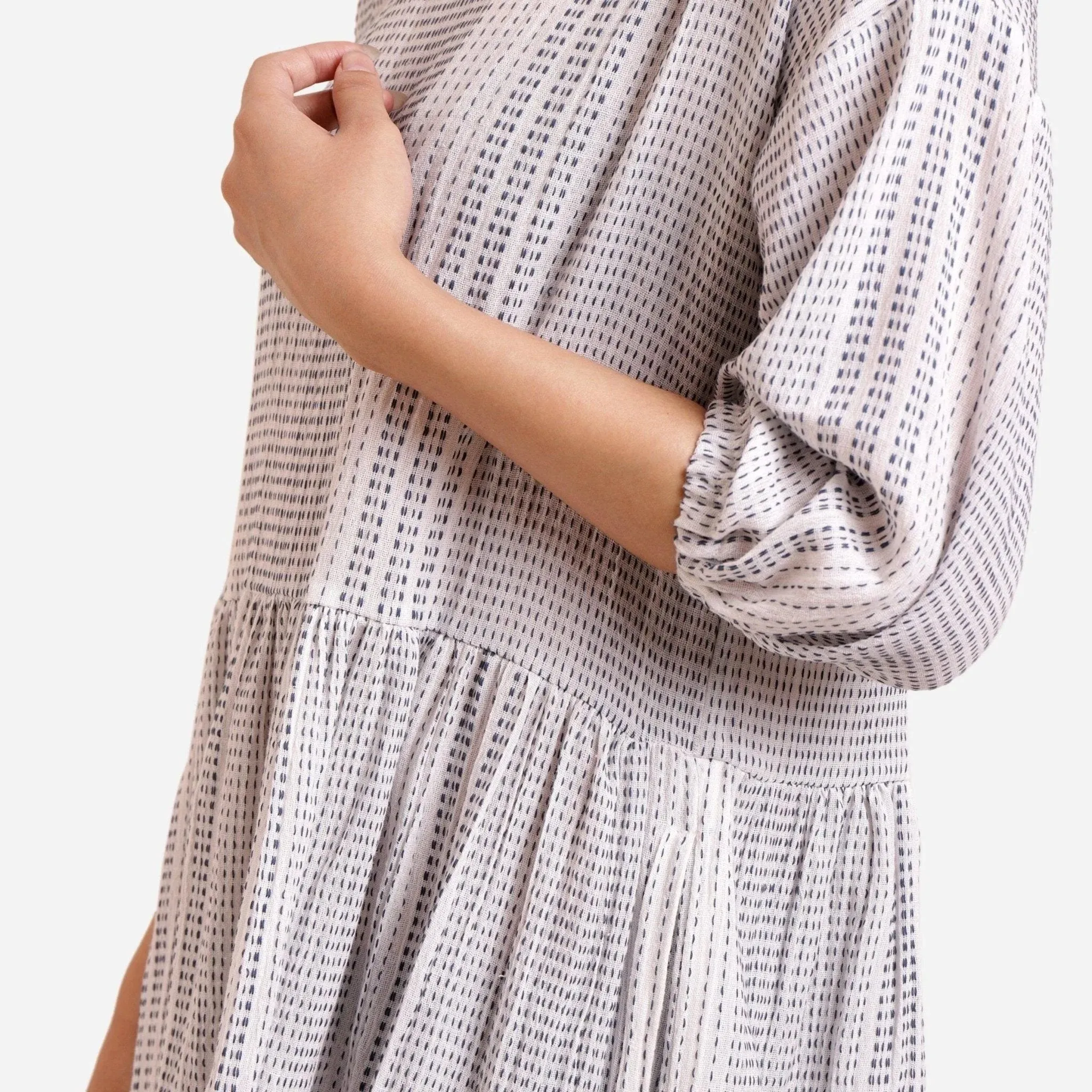 White Crinkled 100% Cotton Striped Gathered Short Dress