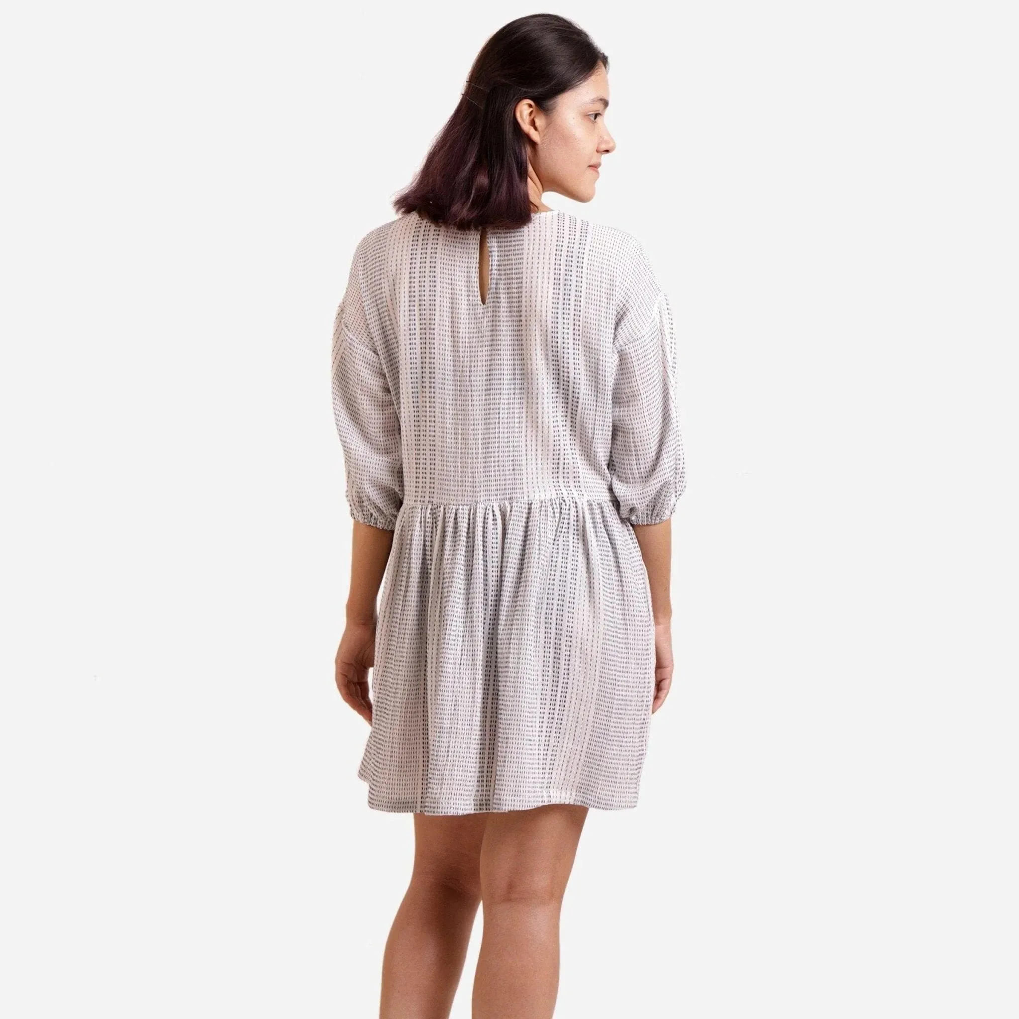White Crinkled 100% Cotton Striped Gathered Short Dress