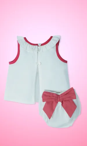 White Ruffled-Neck Top & Bow Diaper Cover