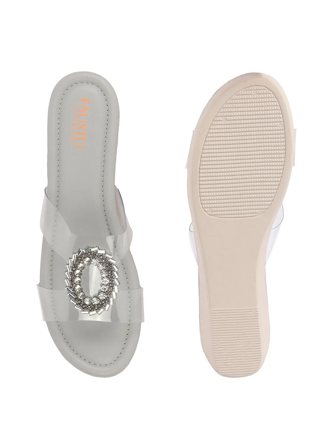 Women Grey Open Toe Transparent Strap with Ring Buckle Height Enhancer Slip On Wedges|Sandals for Work|Office Wear