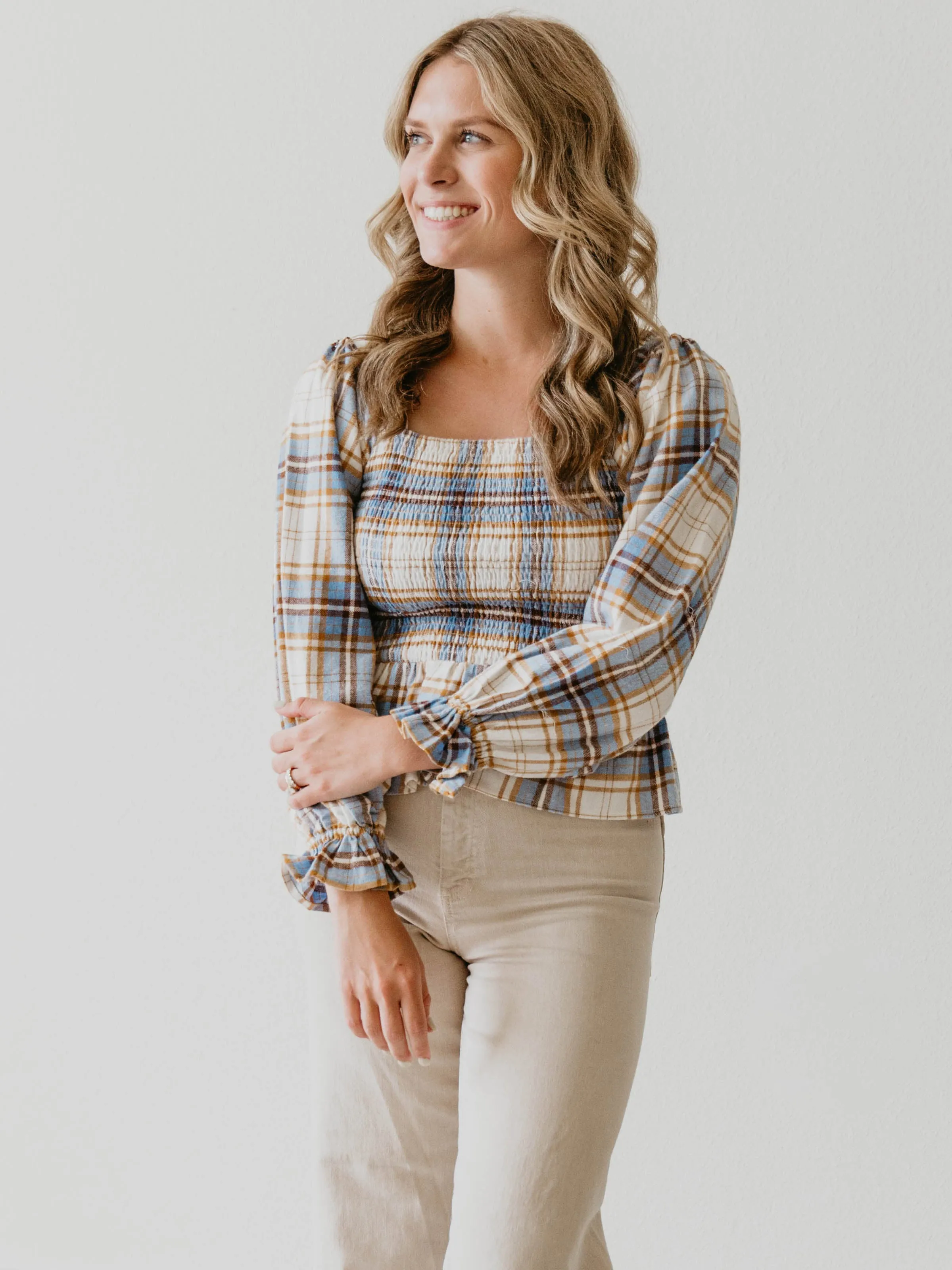 Women's Peplum Blouse - Blue Stone Plaid