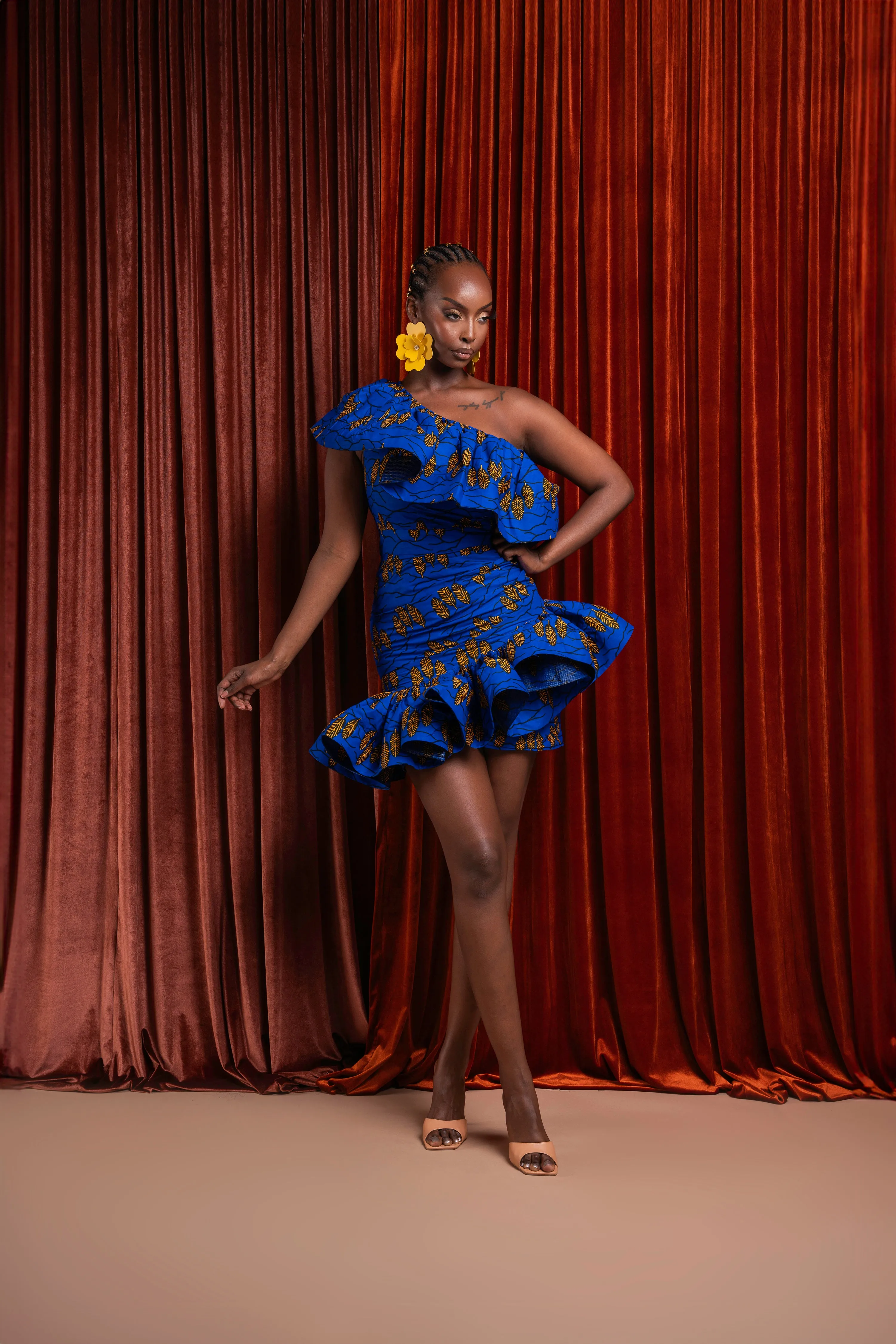 YOMI African Print One Sleeve Ruffle  Mini Dress